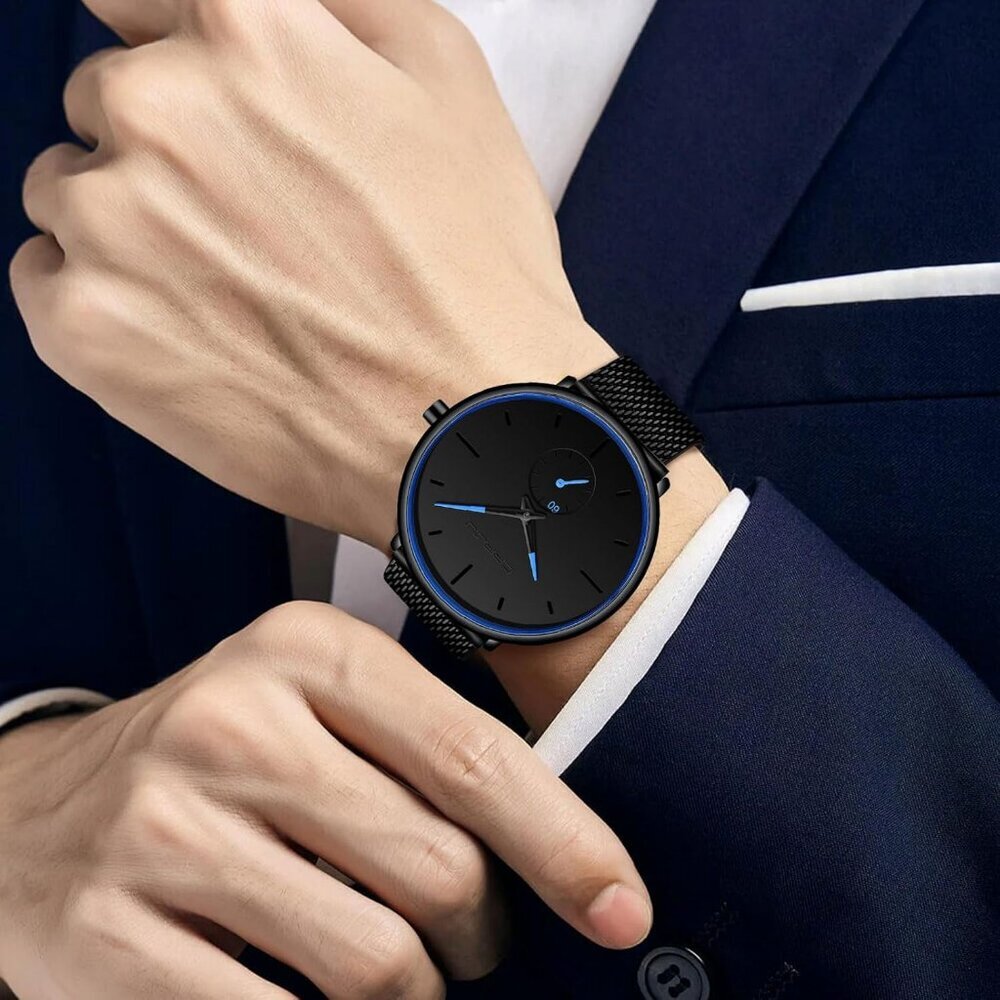 Men's Navy Blue Ultra-Thin Minimal Waterproof Stainless Steel Mesh Band Watch - Picture 5 of 6